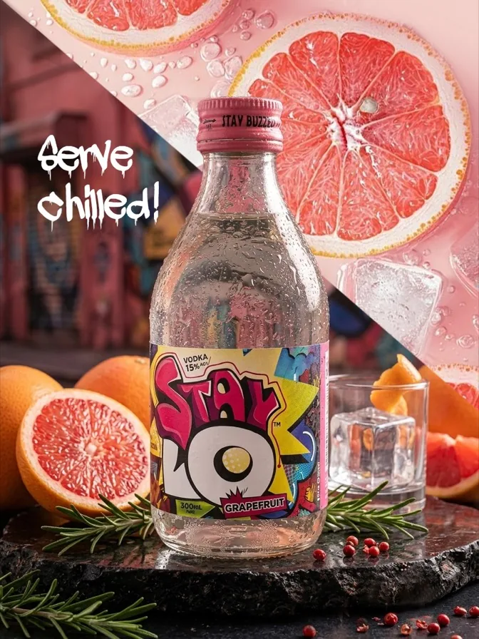 A bottle of StayLo Grapefruit with grapefruit and ice